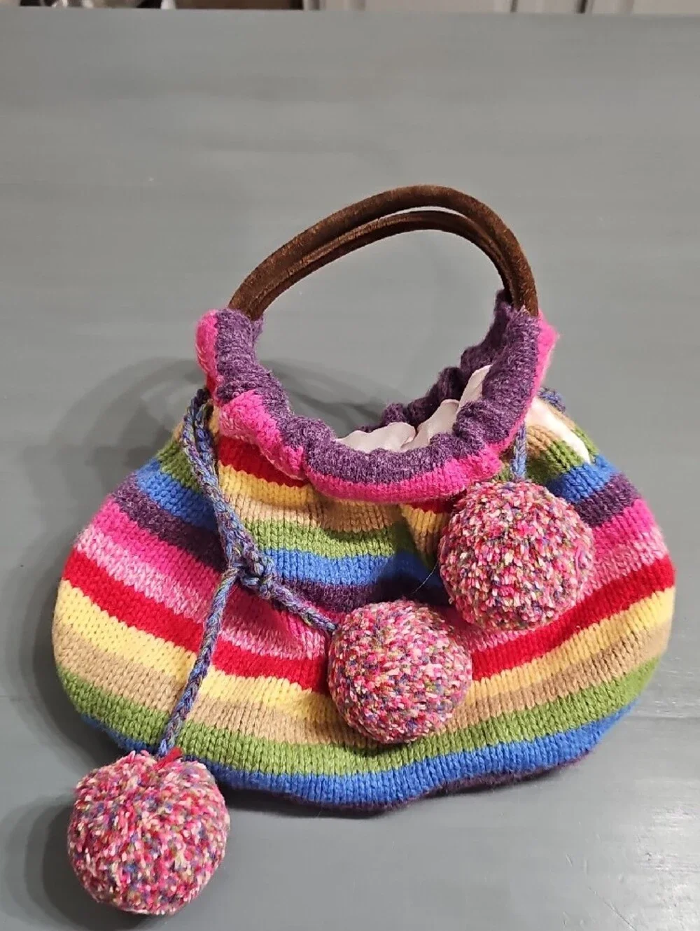 Rainbow Stripe Pom-Pom Knit Handbag - Multicolor